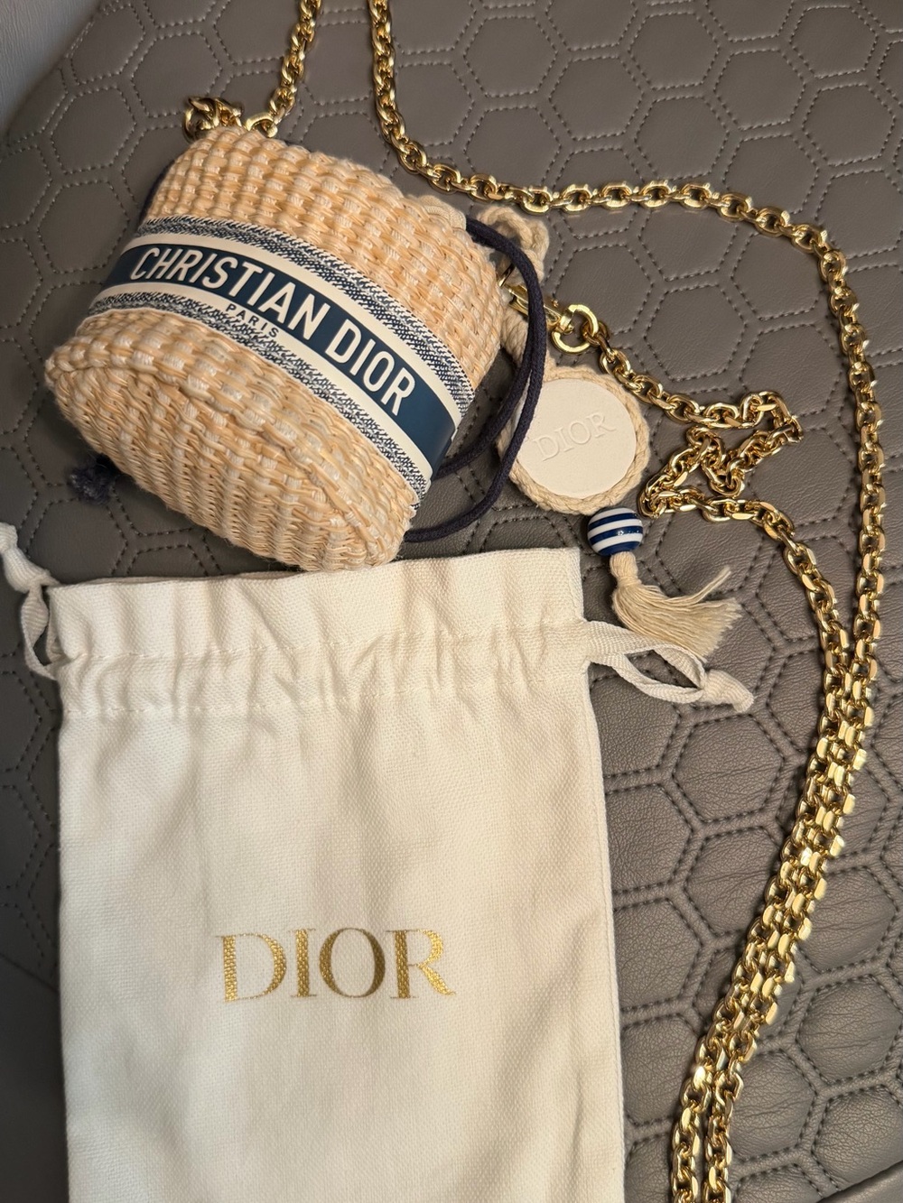 Dior Mini Raffia Bucket Bag Natural and Navy with Gold Chain and original strap - Picture 6 of 12